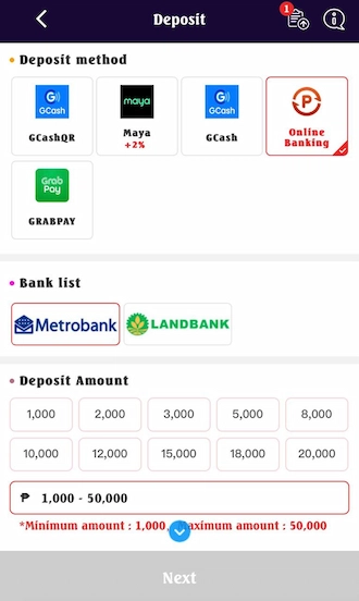 Step 1: Please select the Online Banking method and choose a bank to deposit money