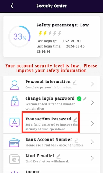 Step 1: In the Security Center section, players select Transaction Password.